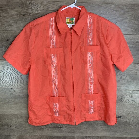The Genuine Haband Men's Guayabera Shirt Large Orange Zip Up Embroidered Pockets - Picture 2 of 6